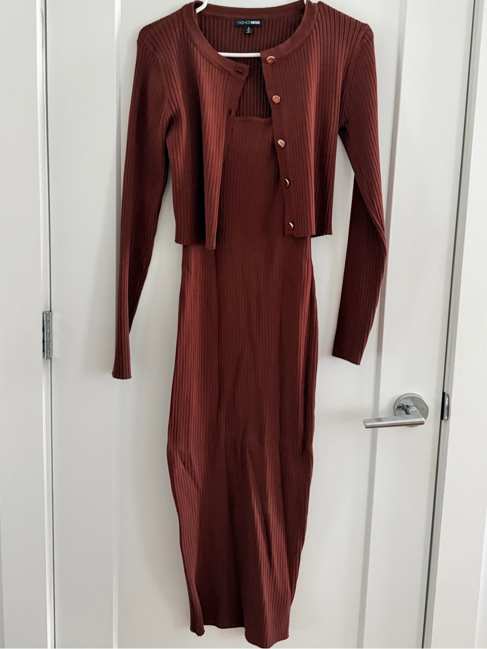 Fashion Nova Brown Ribbed Maxi Dress Cardigan 2 Piece Set Small